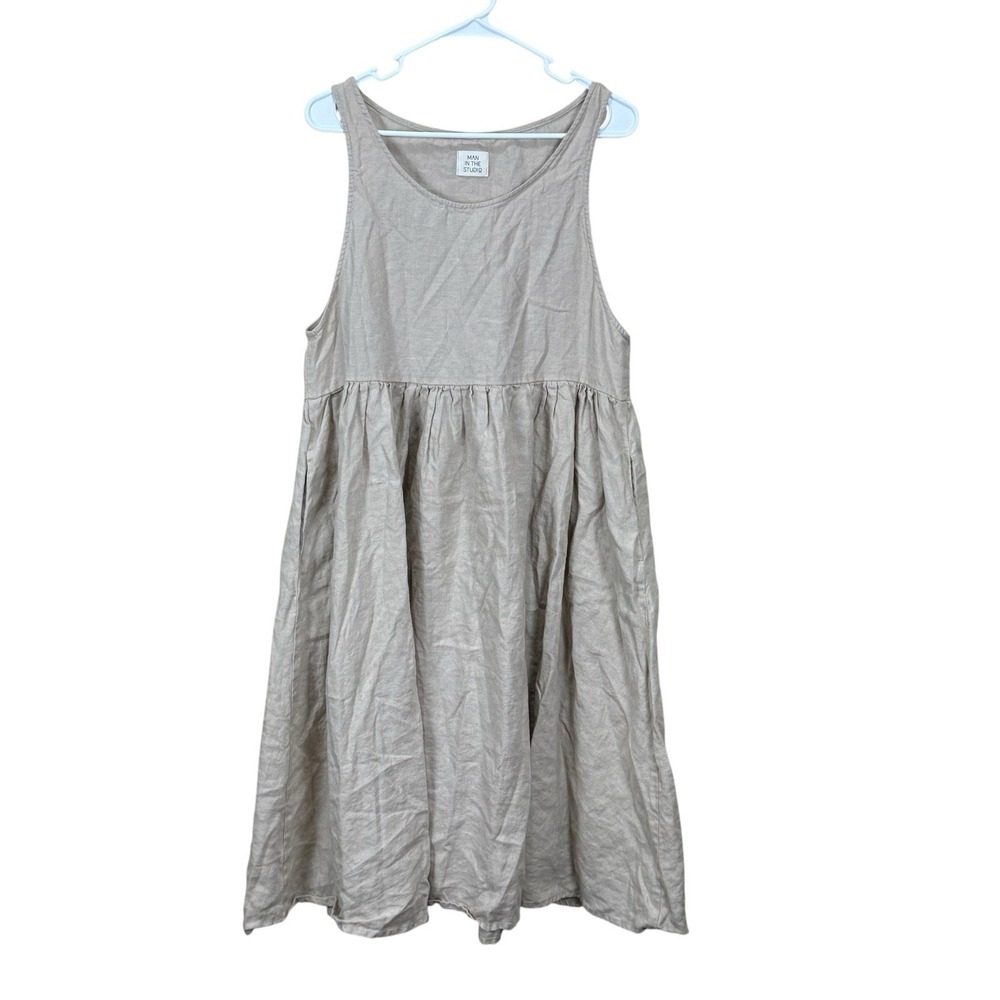 Man In The Studio Origami Linen Midi Smock Dress Khaki Pockets EUC